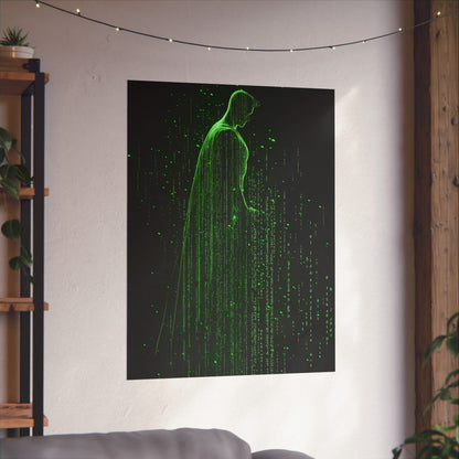 Neon Code Guardian: 3D Glitch Superman Matrix Effect - Digital Illustration Matte Vertical Poster