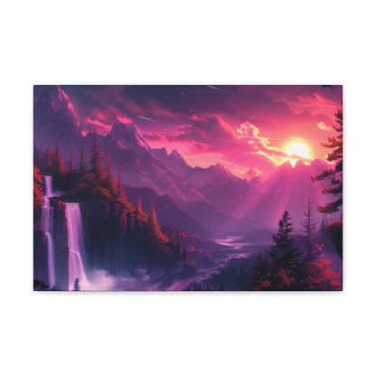 Dreamy Landscape with Waterfall and Mountains - Purple Evening Digital Illustration Canvas Gallery Wraps