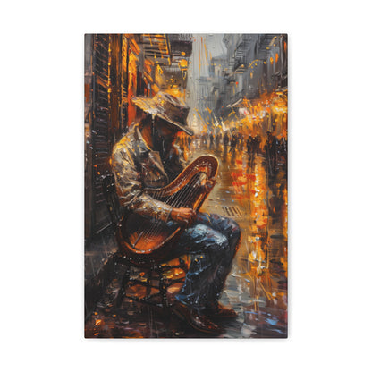 Street Harpist - Rembrandt Style Digital Oil Painting Canvas Gallery Wraps