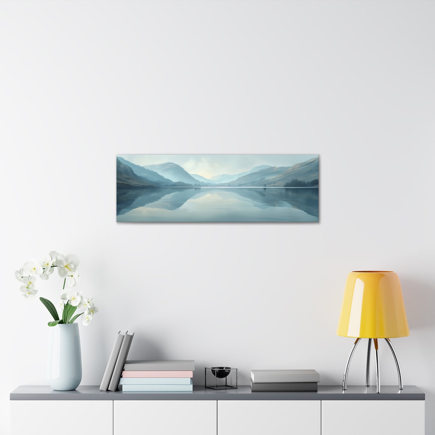 Lake Landscape with Mountains - Morning Mist Panorama Canvas Gallery Wraps