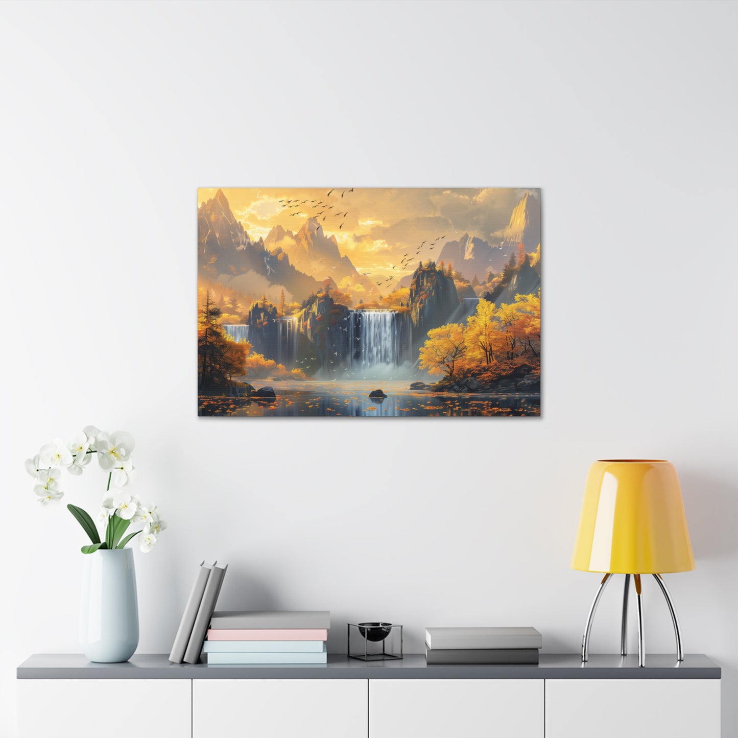 Dreamy Landscape Sunset with Waterfall and Mountains - Digital Illustration Canvas Gallery Wraps