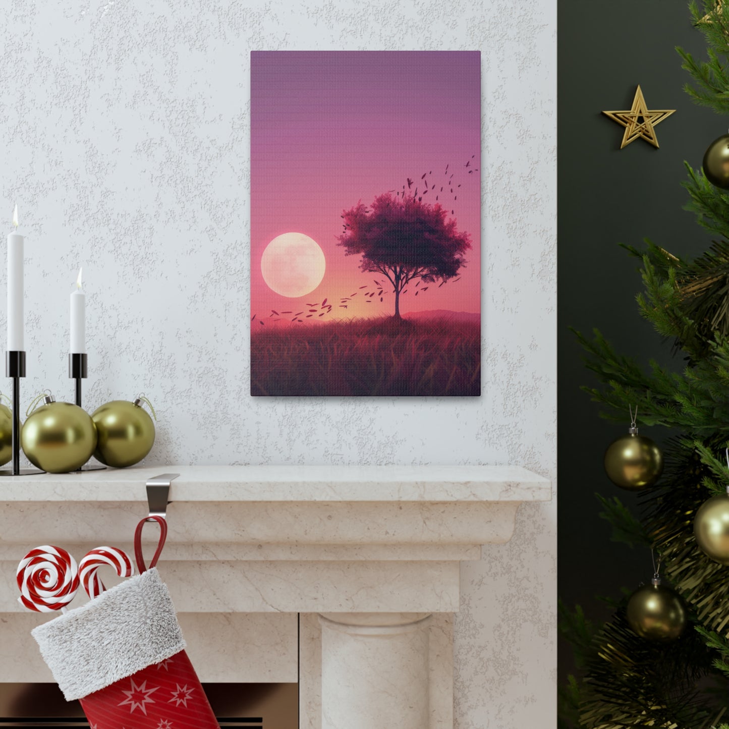 Tree in a Purple Sunset Digital Illustration Canvas Gallery Wraps