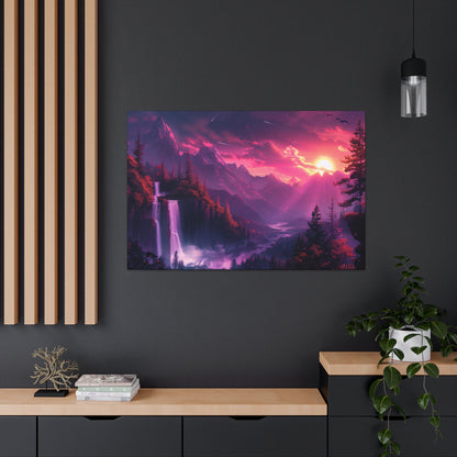 Dreamy Landscape with Waterfall and Mountains - Purple Evening Digital Illustration Canvas Gallery Wraps