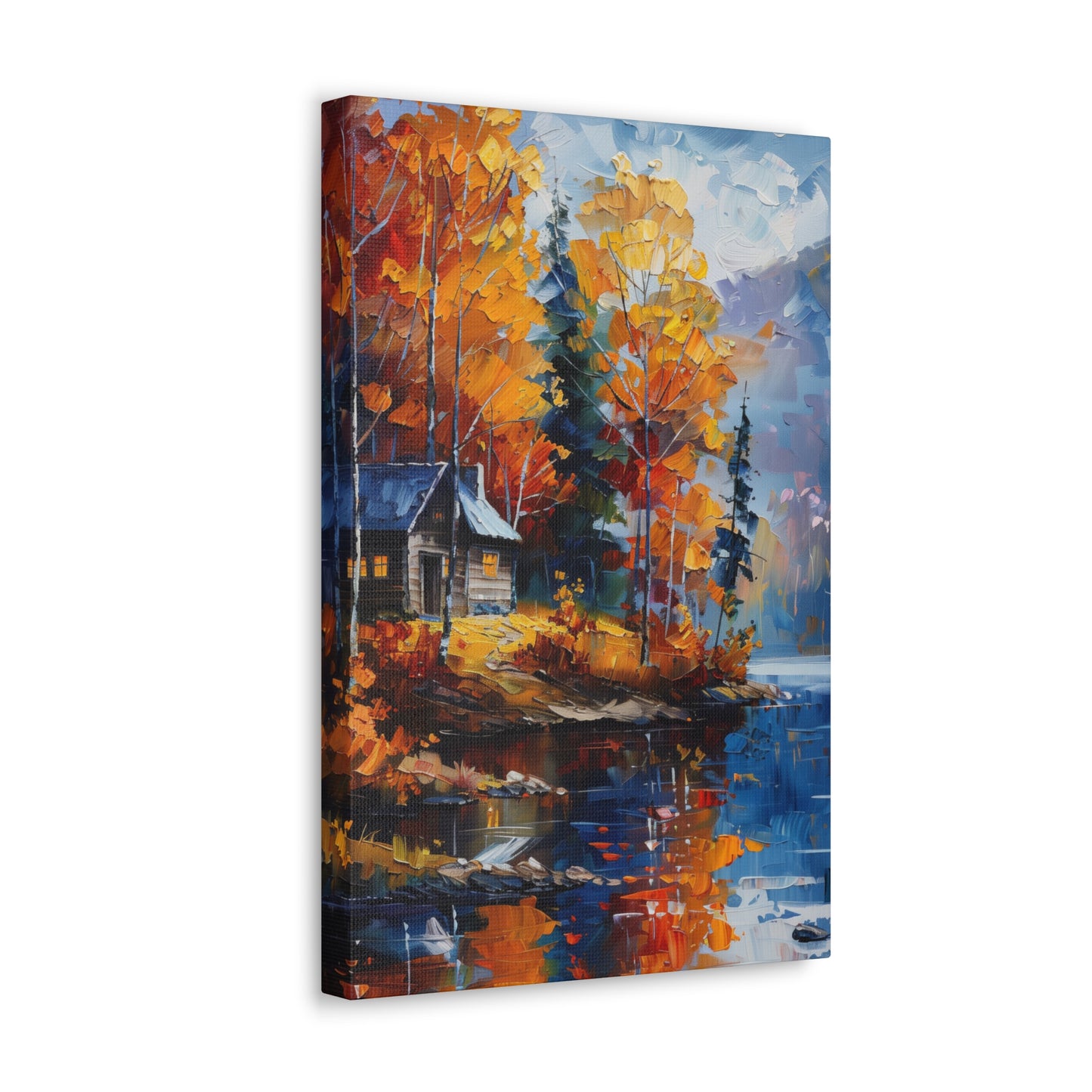 a house near the river which flows through autumn forest - Leonid Afremov Style Digital Print Canvas Gallery Wraps