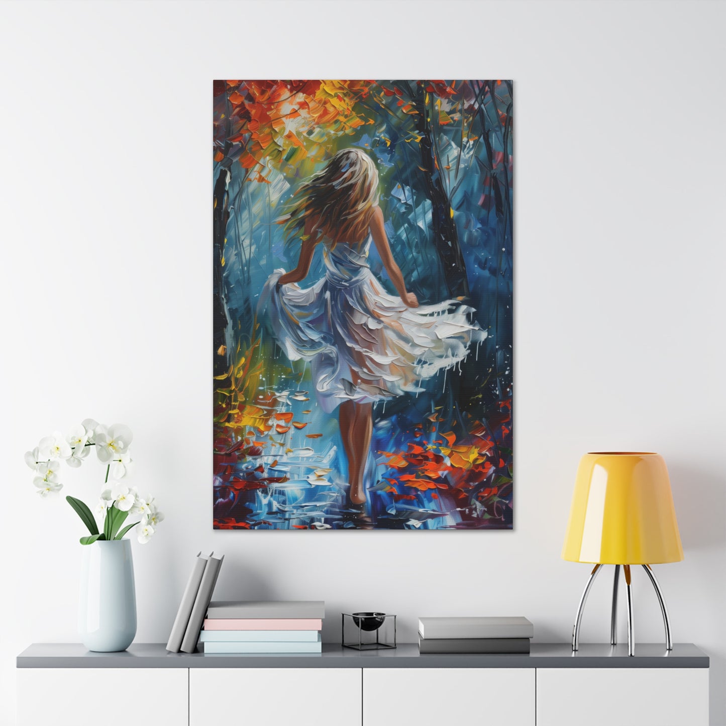 girl walking in the street wearing white dress - Leonid Afremov Style Digital Print Canvas Gallery Wraps