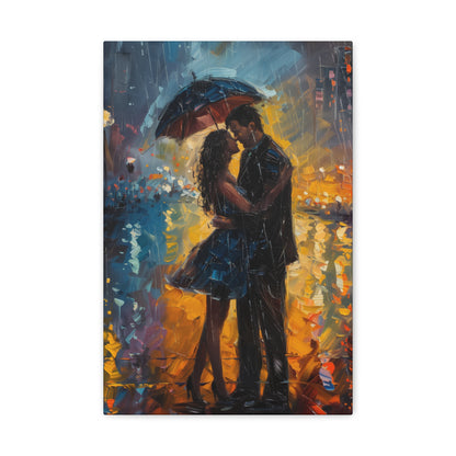 couple in the city streets in a rainy day with umbrella - Leonid Afremov Style Digital Print Canvas Gallery Wraps