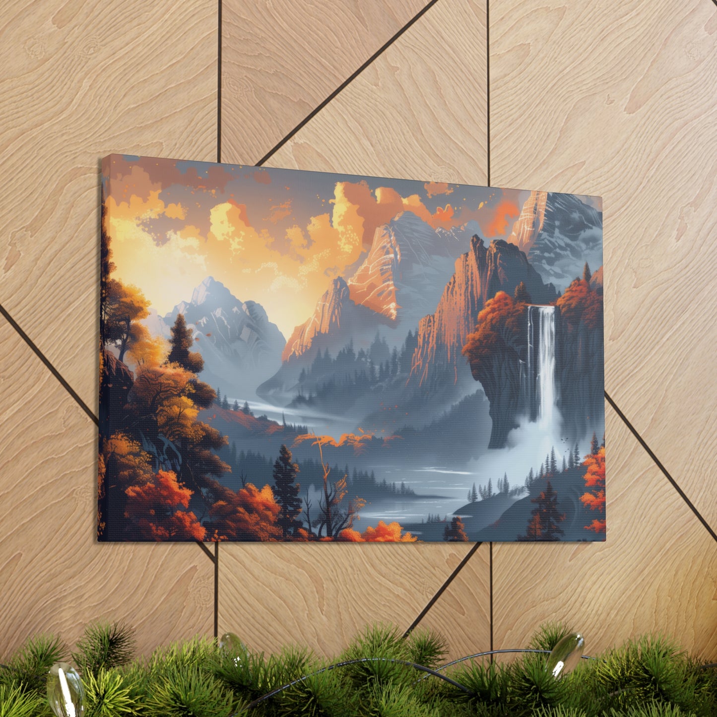 Dreamy Landscape Morning with Waterfall and Mountains - Digital Illustration Canvas Gallery Wraps