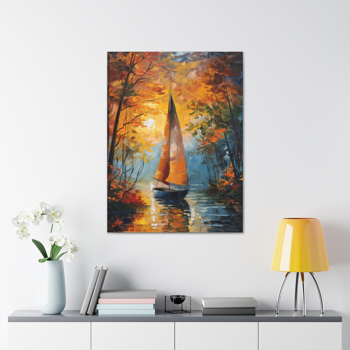 A Boat Sailing Through the Wild River - Leonid Afremov Style Digital Oil Painting Canvas Gallery Wraps