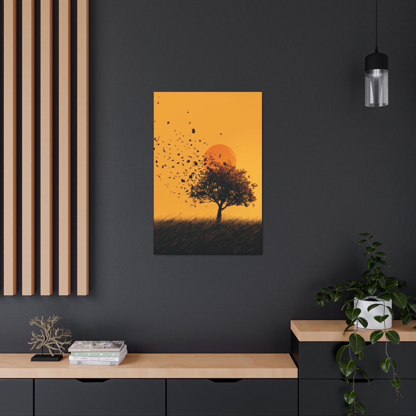 Leafless Tree in a Golden Sunset Digital Illustration Canvas Gallery Wraps