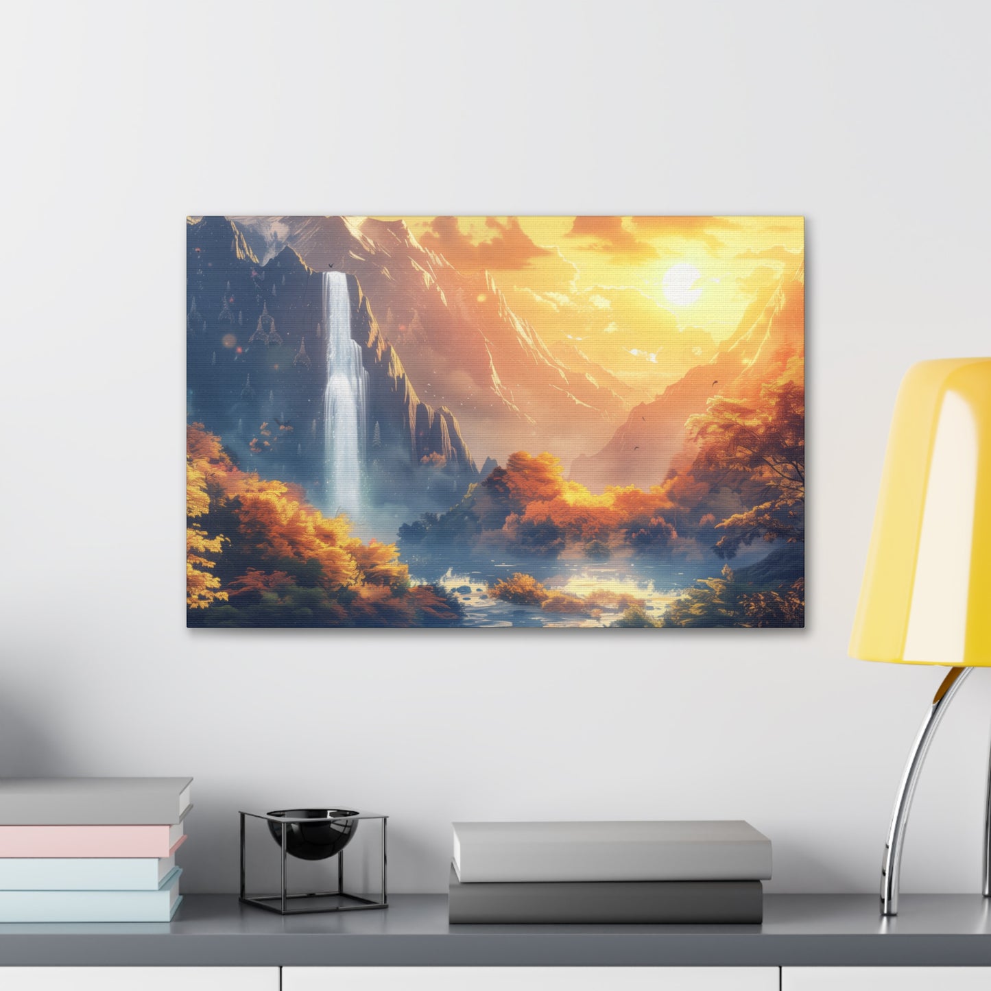 Dreamy Landscape - Waterfall and Mountains in Golden Morning Illustration Canvas Gallery Wraps