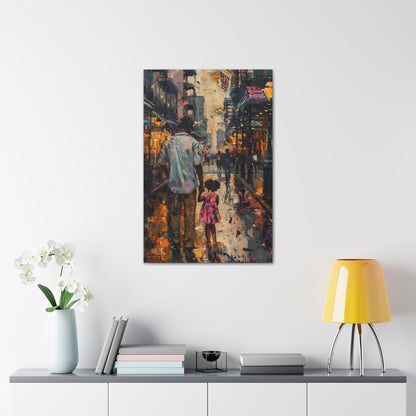 Father and Daughter Walking on the Street - Rembrandt Style Digital Oil Painting Canvas Gallery Wraps