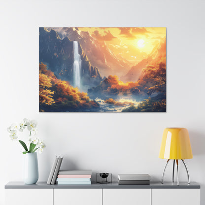 Dreamy Landscape - Waterfall and Mountains in Golden Morning Illustration Canvas Gallery Wraps