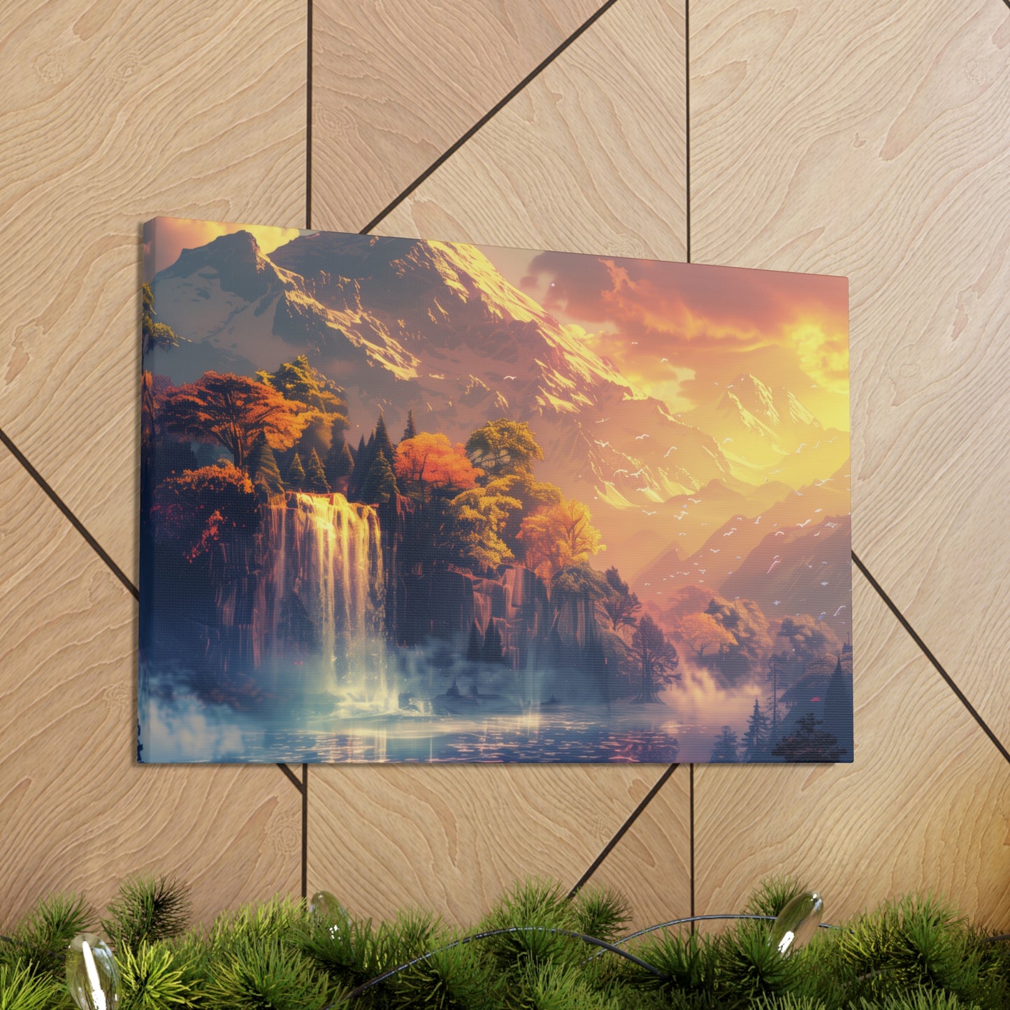 Dreamy Landscape Sunset with Waterfall and Mountains - Digital Illustration Canvas Gallery Wraps