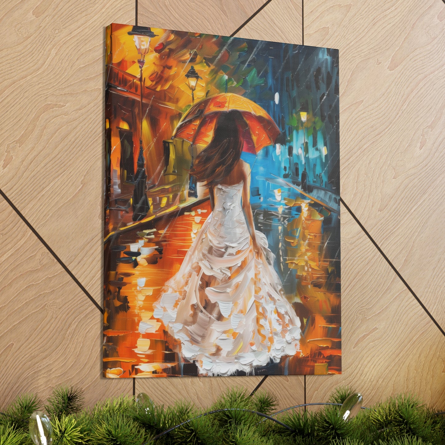 bride walking in street in rain - Leonid Afremov Style Digital Print Canvas Gallery Wraps