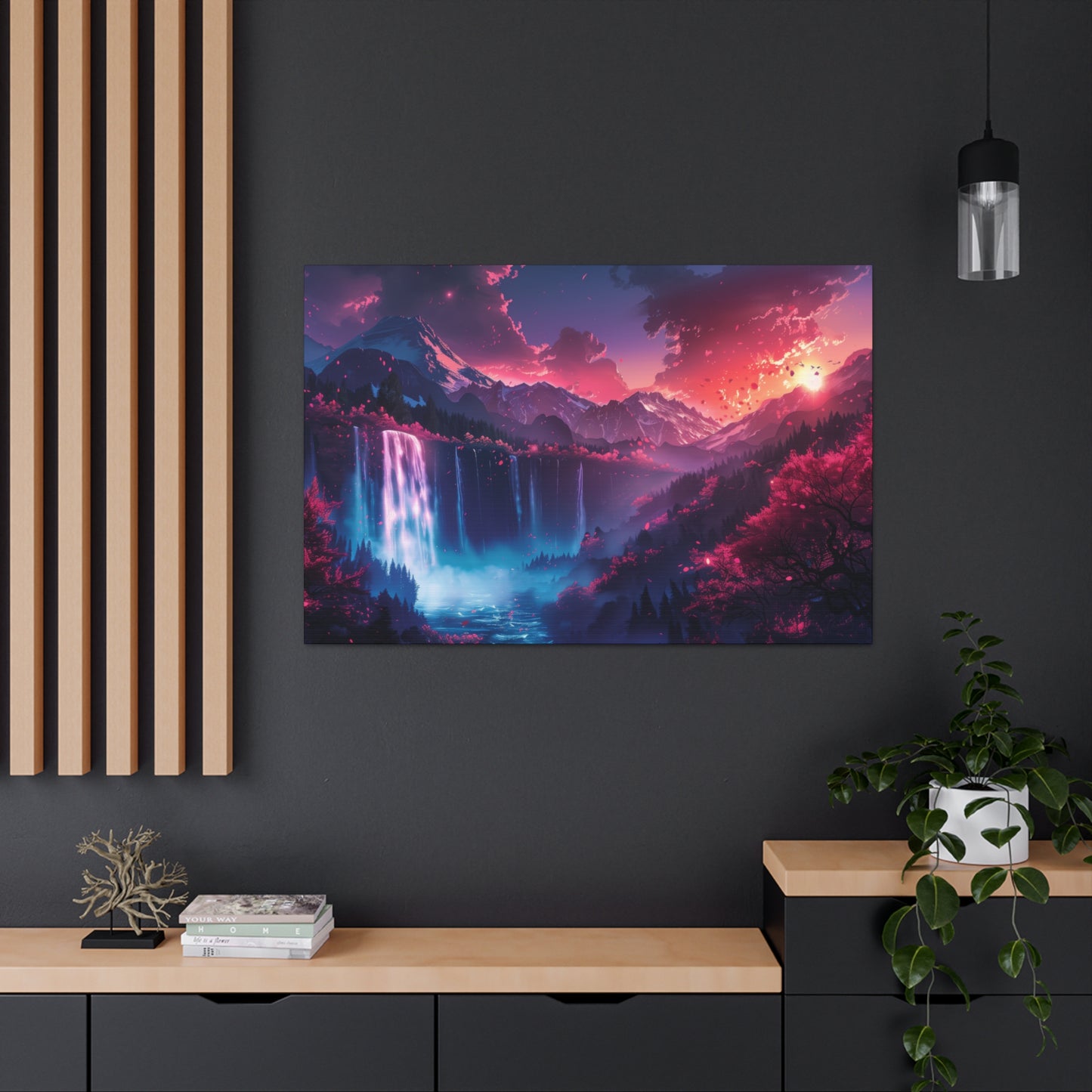 Dreamy Landscape Sunset with Waterfall and Mountains - Digital Illustration Canvas Gallery Wraps