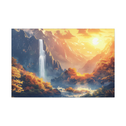 Dreamy Landscape - Waterfall and Mountains in Golden Morning Illustration Canvas Gallery Wraps