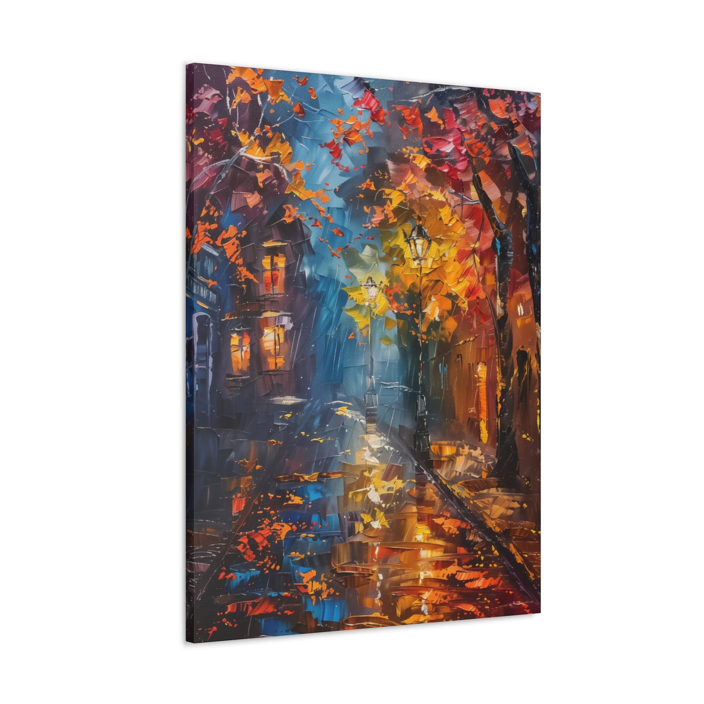 Nighttime Street in Autumn - Leonid Afremov Style Digital Oil Painting Canvas Gallery Wraps