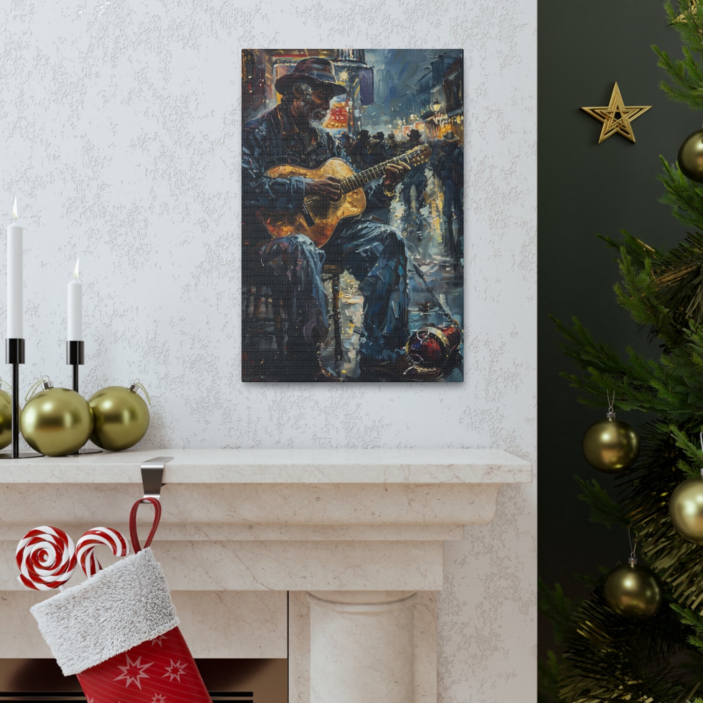 Man Playing Guitar on the Street - Rembrandt Style Digital Oil Painting Canvas Gallery Wraps