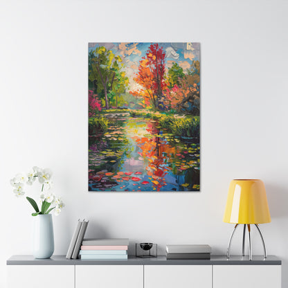 Pond in a Autumn Forest - Claude Monet Style Digital Print Canvas Gallery Wraps