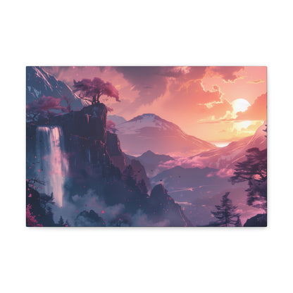 Dreamy Landscape with Waterfall and Mountains - Purple Evening Digital Illustration Canvas Gallery Wraps