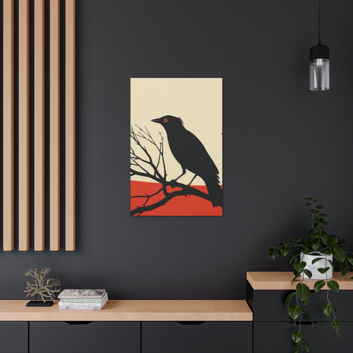 Black Bird Sitting on a Branch Digital Illustration Canvas Gallery Wraps