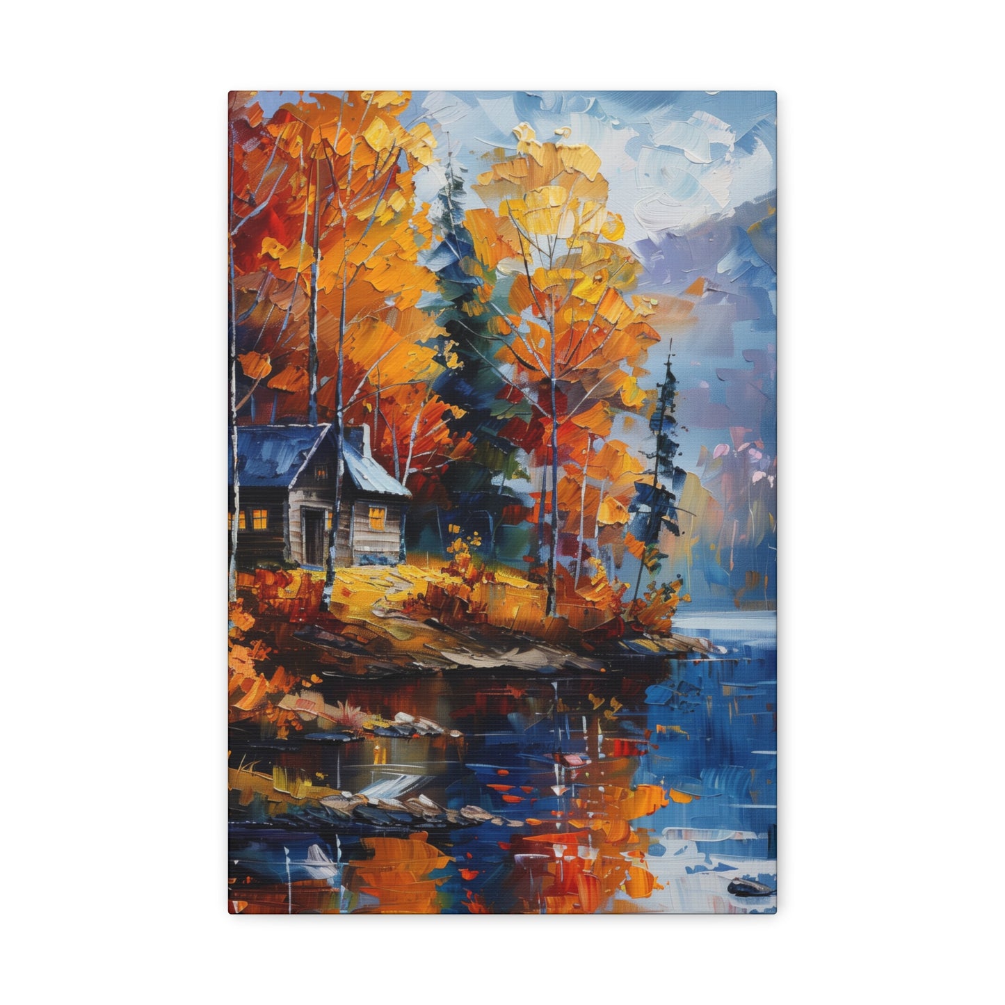 a house near the river which flows through autumn forest - Leonid Afremov Style Digital Print Canvas Gallery Wraps