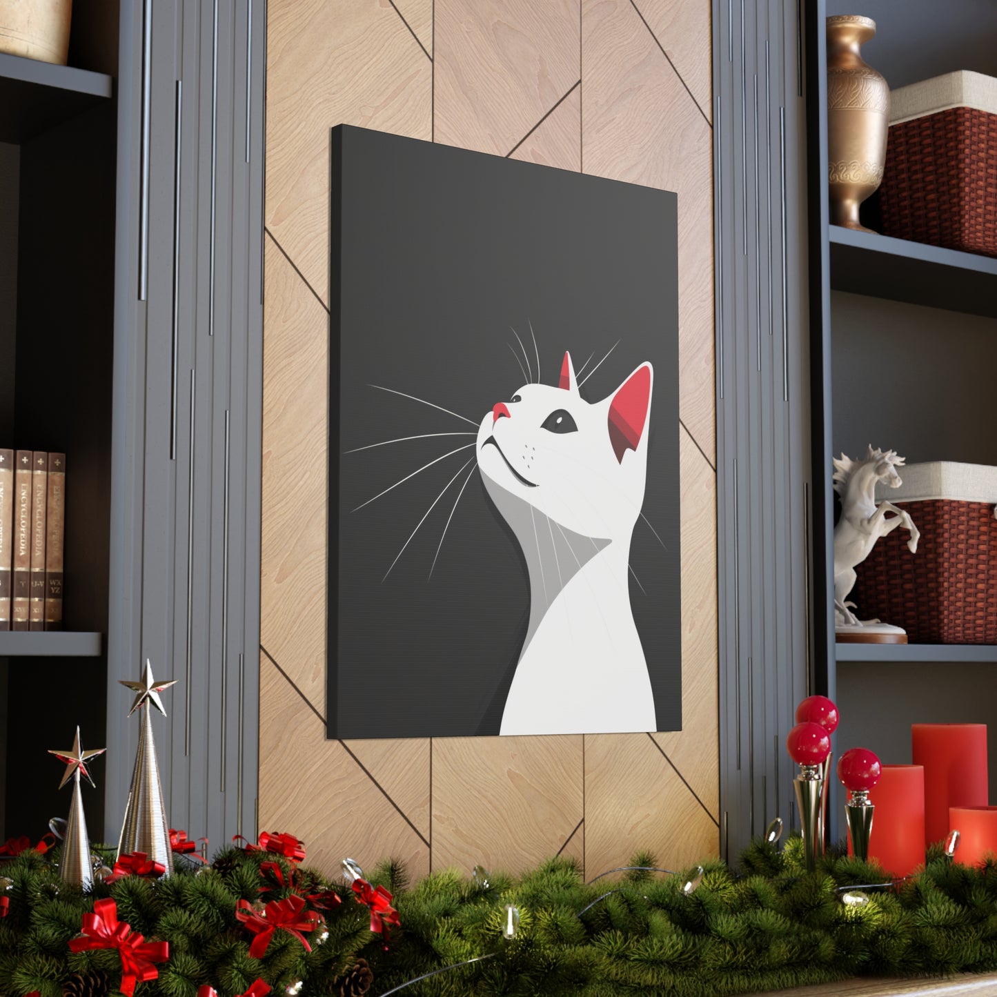 White Cat in Black Background Digital Illustration Canvas Gallery Wraps