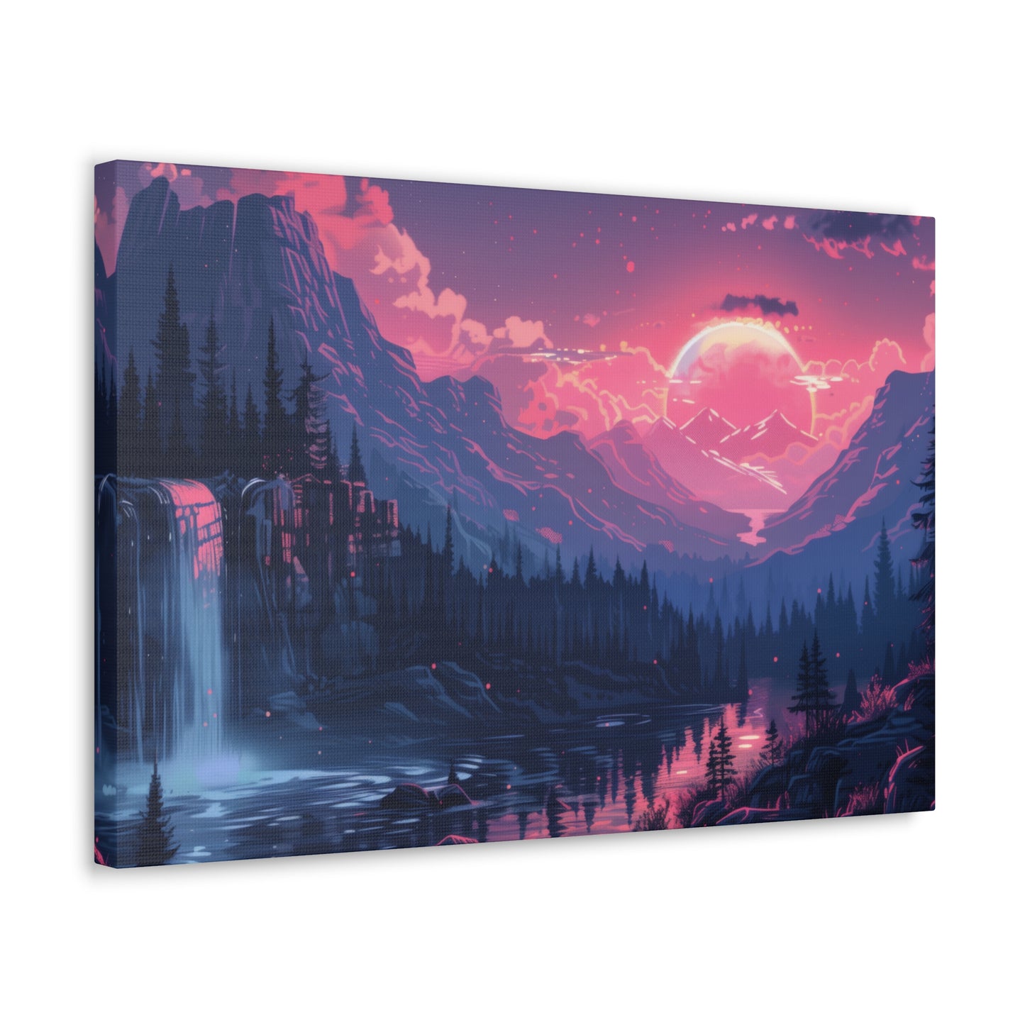 Dreamy Landscape Sunset with Waterfall and Mountains -  Digital Illustration Canvas Gallery Wraps