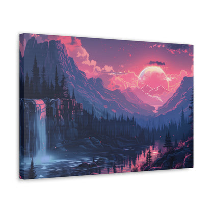 Dreamy Landscape Sunset with Waterfall and Mountains -  Digital Illustration Canvas Gallery Wraps