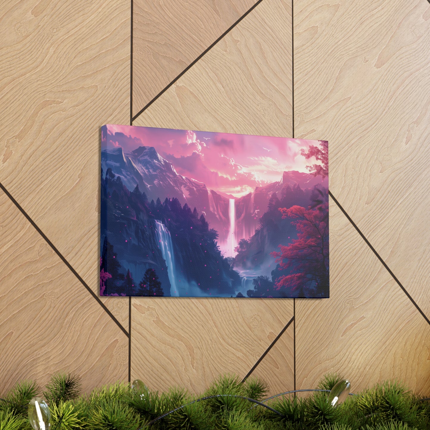 Dreamy Landscape with Waterfall and Mountains - Purple Evening Digital Illustration Canvas Gallery Wraps