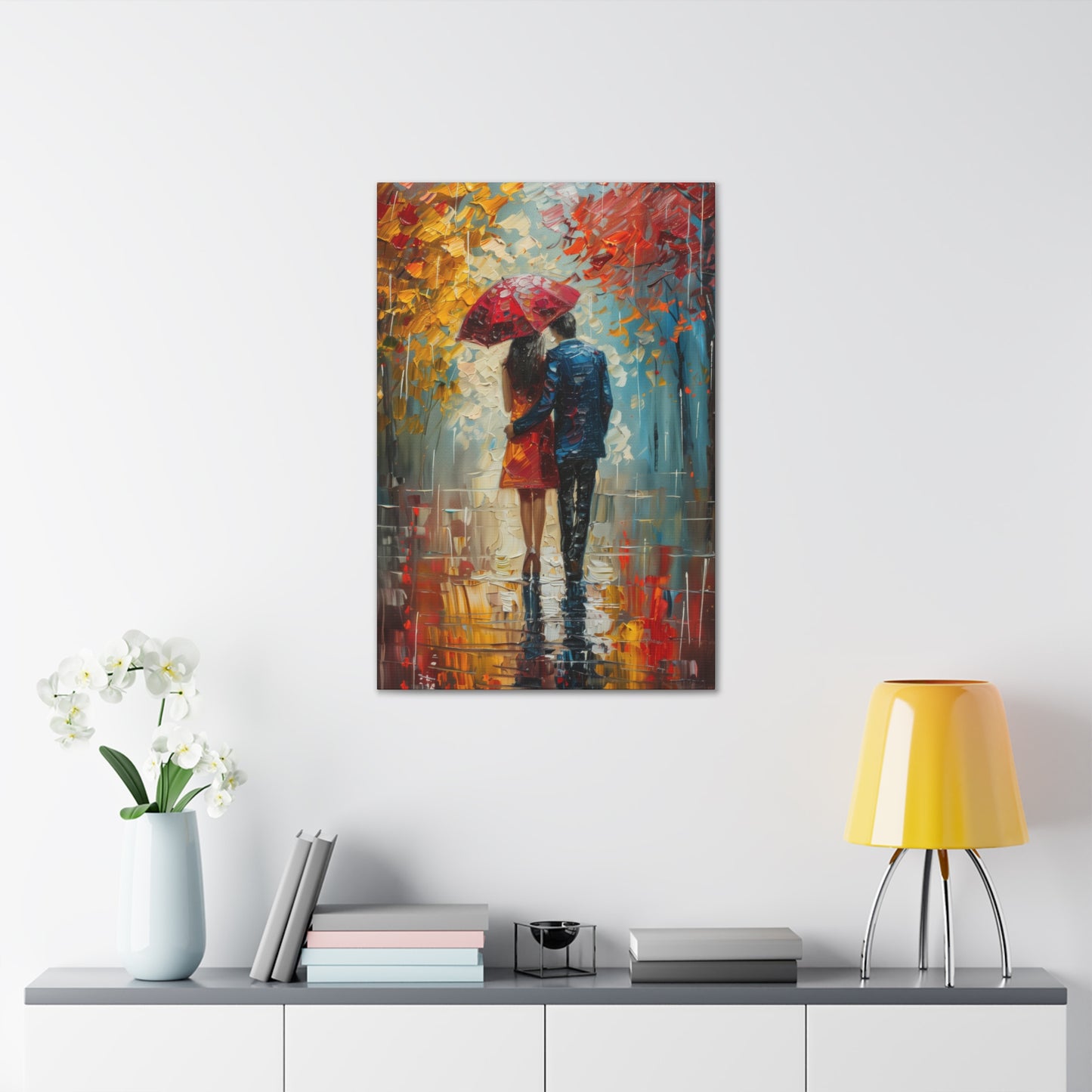 lovely couple holding a umbrella in rain - Leonid Afremov Style Digital Print Canvas Gallery Wraps