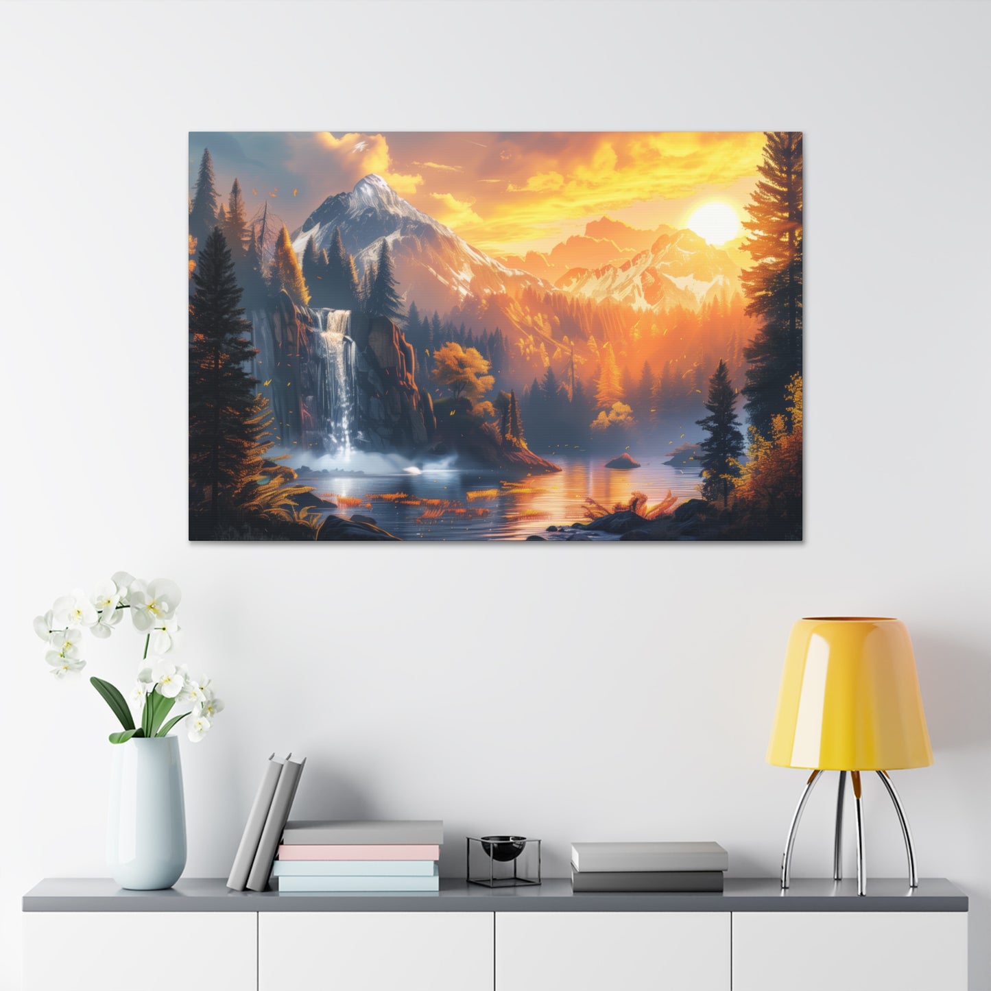 Dreamy Landscape Sunset with Waterfall and Mountains - Digital Illustration Canvas Gallery Wraps