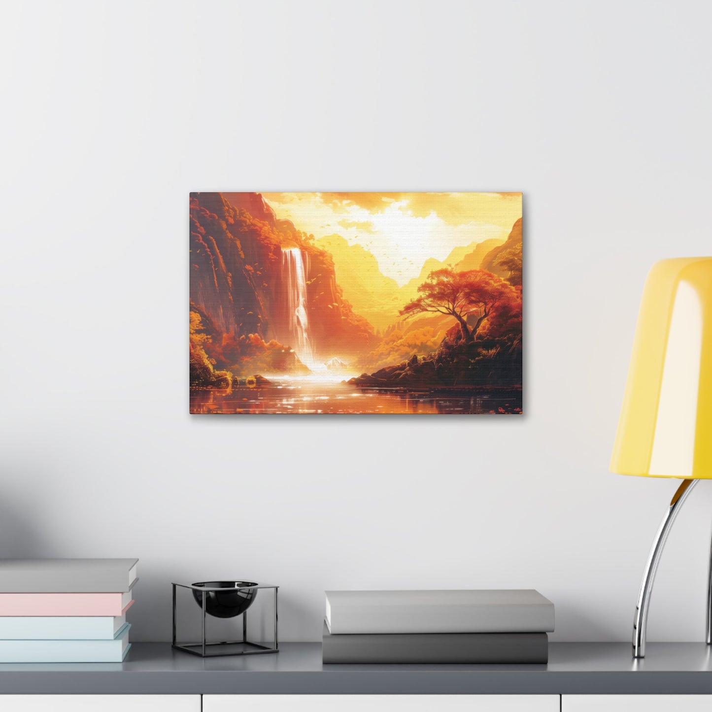 Dreamy Landscape Sunset with Waterfall and Mountains - Digital Illustration Canvas Gallery Wraps