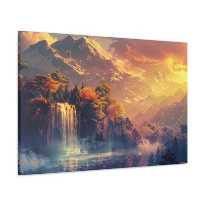 Dreamy Landscape Sunset with Waterfall and Mountains - Digital Illustration Canvas Gallery Wraps