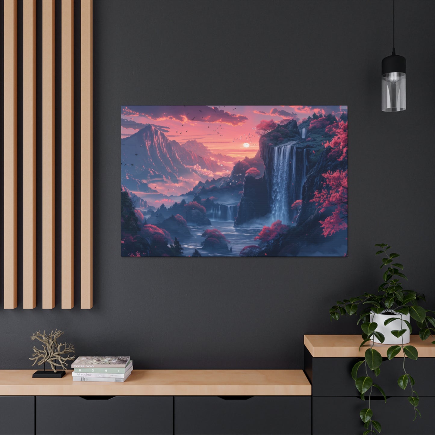 Dreamy Landscape Sunset with Waterfall and Mountains - Digital Illustration Canvas Gallery Wraps