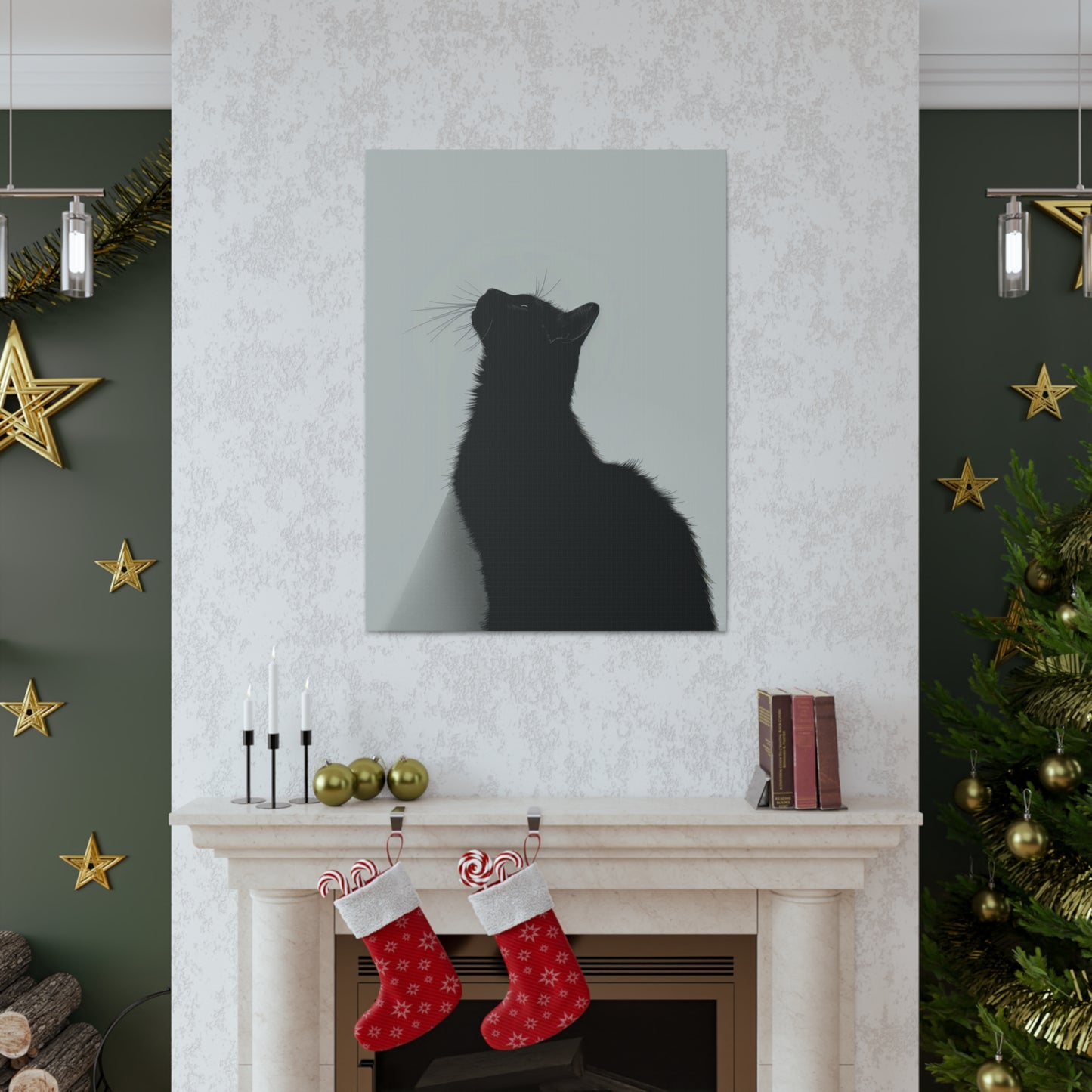 Black Cat Looking Up Digital Illustration Canvas Gallery Wraps