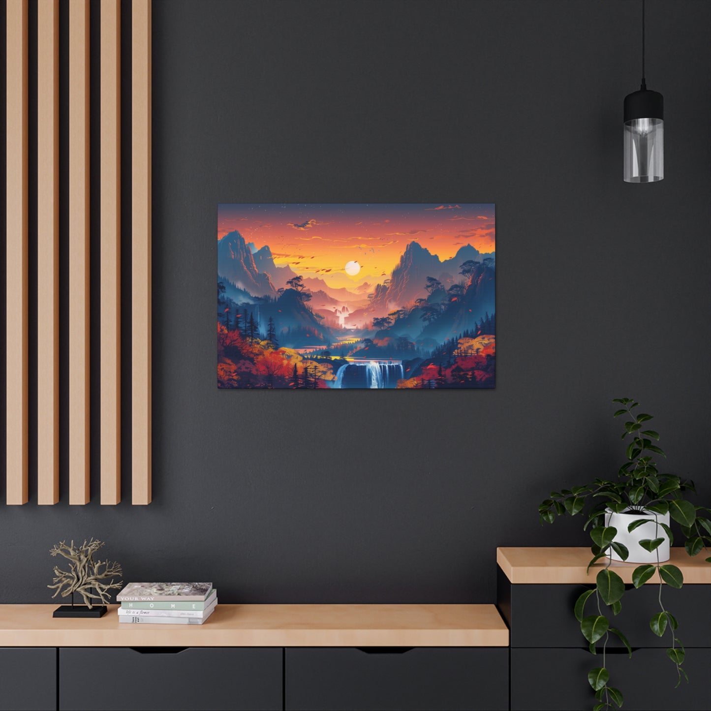 Dreamy Landscape Sunset with Waterfall and Mountains - Digital Illustration Canvas Gallery Wraps