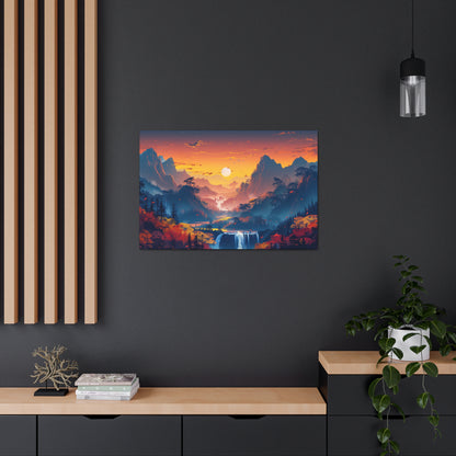 Dreamy Landscape Sunset with Waterfall and Mountains - Digital Illustration Canvas Gallery Wraps