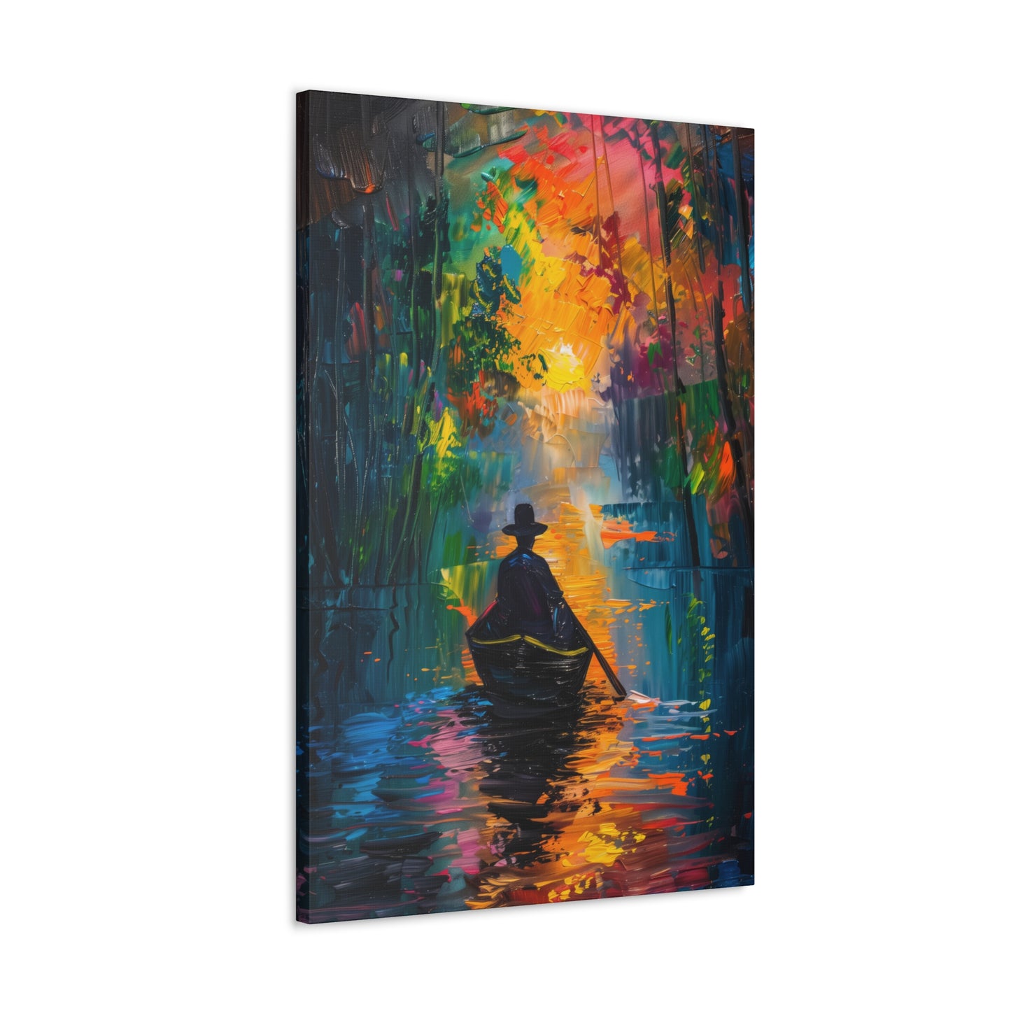 Man Sailing in a Boat in a Autumn Forest River - Claude Monet Style Digital Print Canvas Gallery Wraps