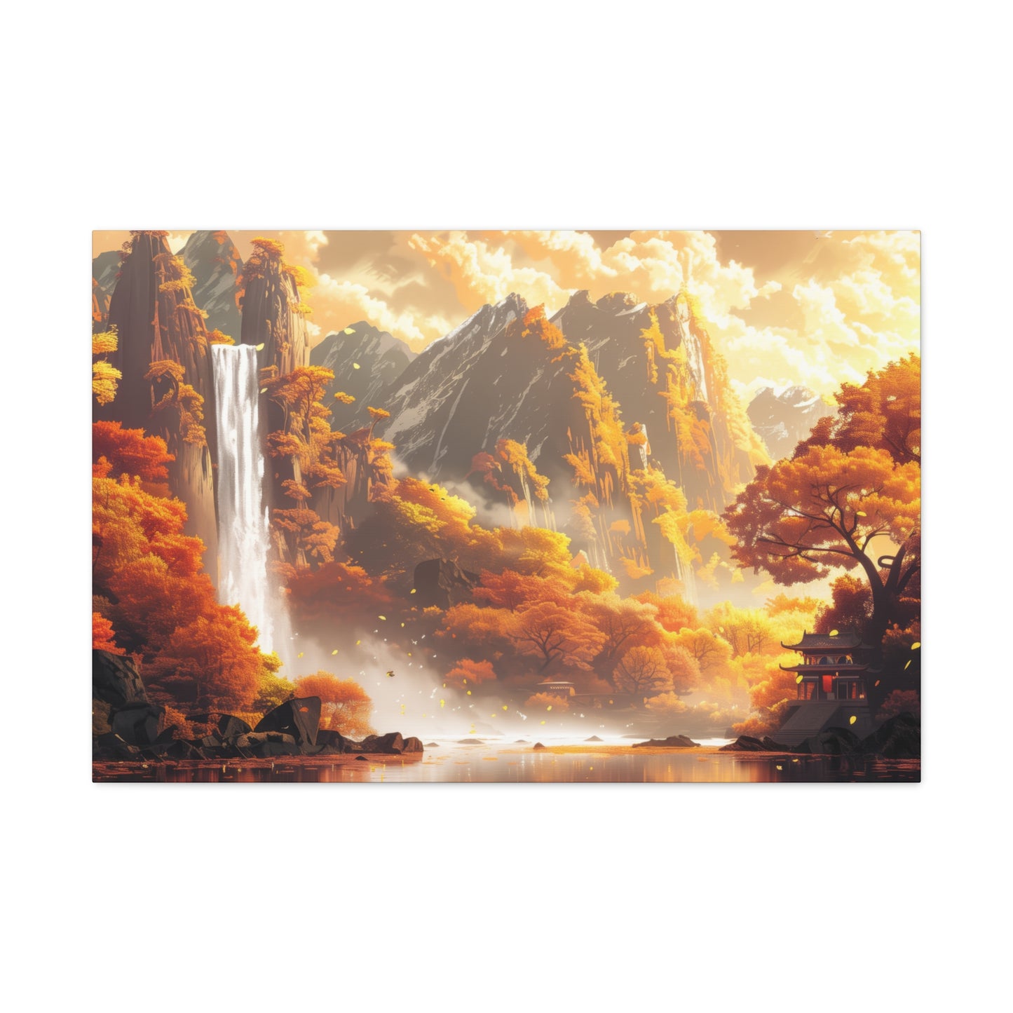 Dreamy Landscape Sunset with Waterfall and Mountains - Digital Illustration Canvas Gallery Wraps