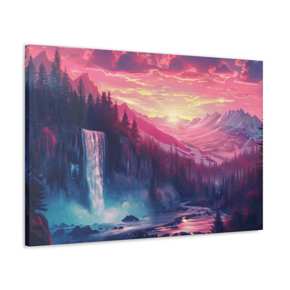 Dreamy Landscape with Waterfall and Mountains - Purple Evening Digital Illustration Canvas Gallery Wraps