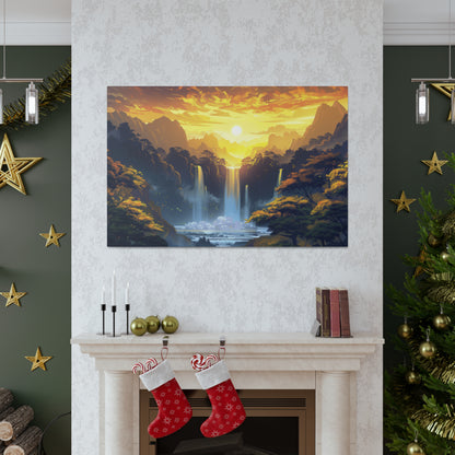 Dreamy Landscape - Waterfall and Mountains in Golden Morning Illustration Canvas Gallery Wraps