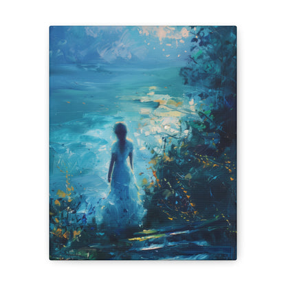 Woman looking at sea night time Digital Oil Painting Print Canvas Gallery Wraps