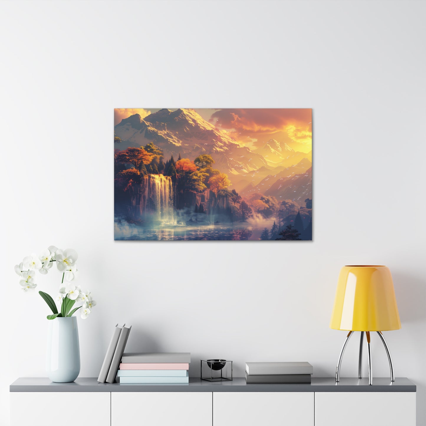 Dreamy Landscape Sunset with Waterfall and Mountains - Digital Illustration Canvas Gallery Wraps