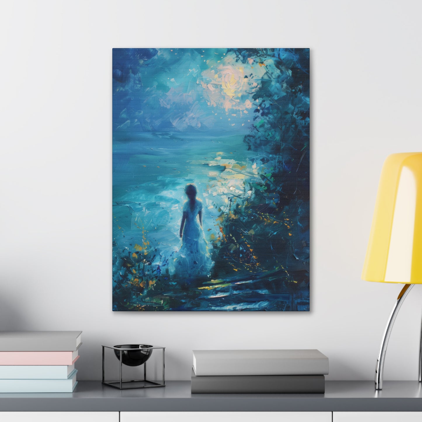 Woman looking at sea night time Digital Oil Painting Print Canvas Gallery Wraps