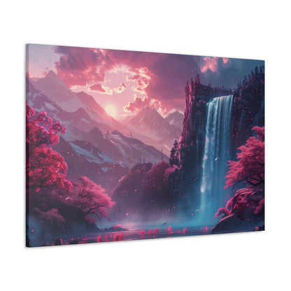 Dreamy Landscape Sunset with Waterfall and Mountains - Digital Illustration Canvas Gallery Wraps