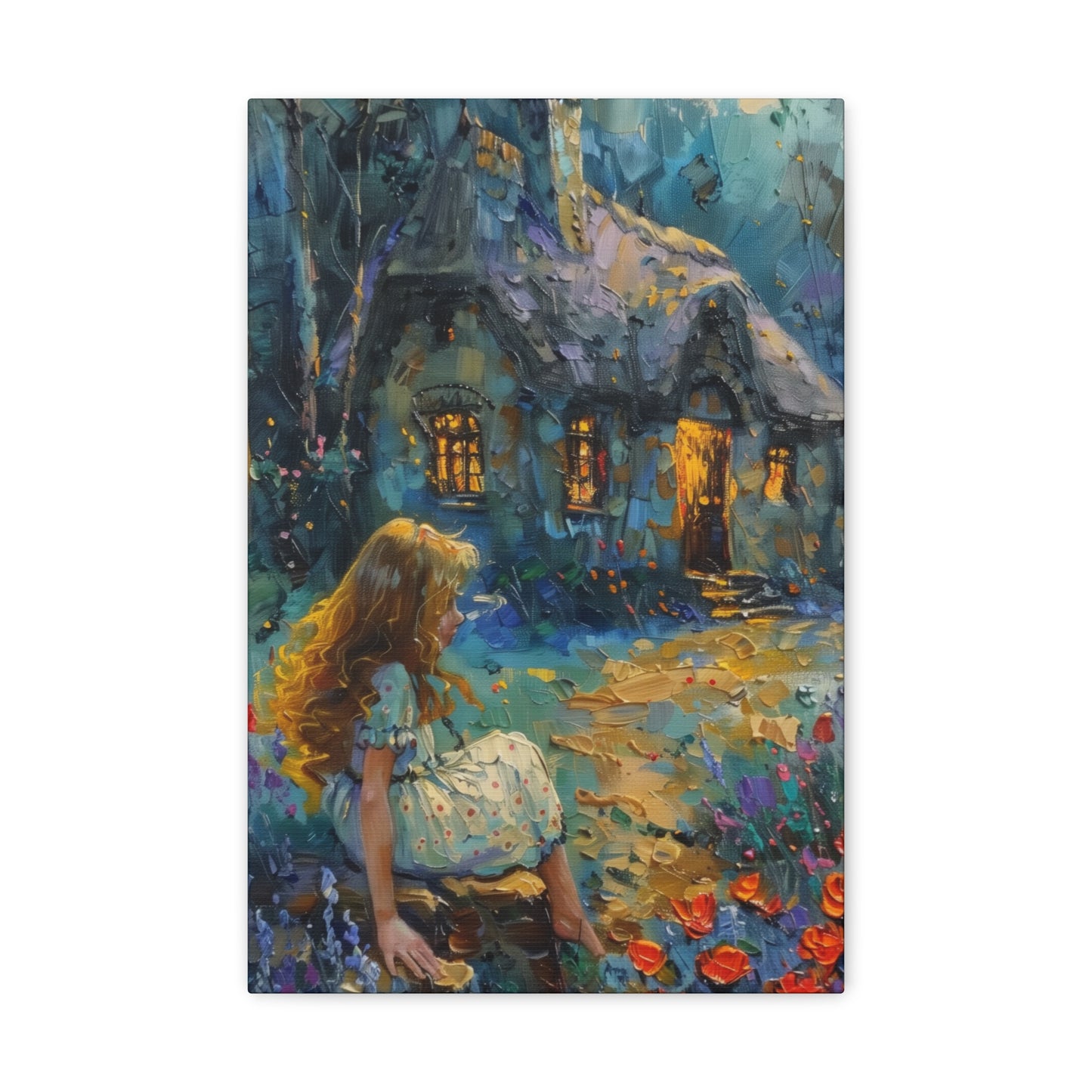 little girl sitting front of a hut in countryside Digital Oil Painting Print Canvas Gallery Wraps