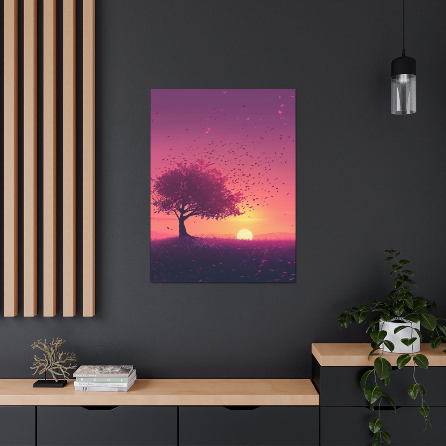 Tree in a Purple Sunset Digital Illustration Canvas Gallery Wraps