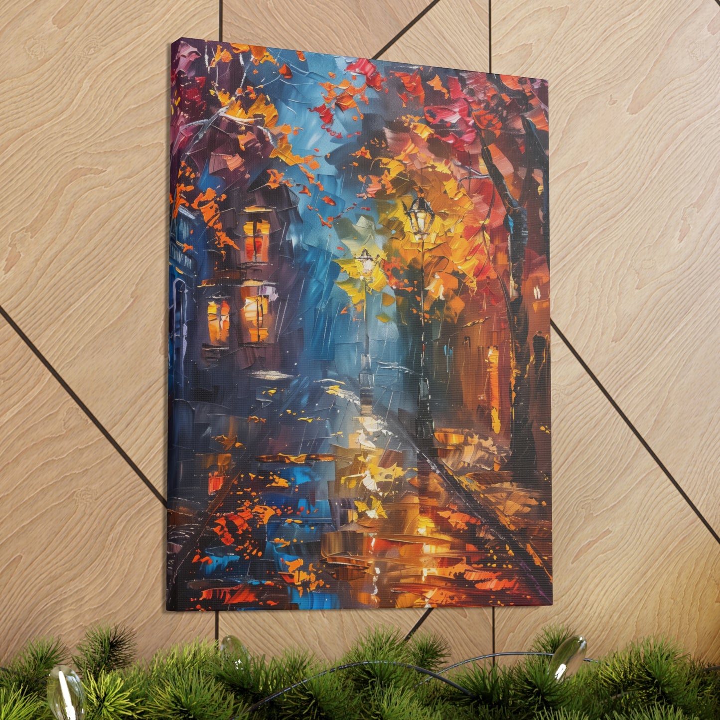 Nighttime Street in Autumn - Leonid Afremov Style Digital Oil Painting Canvas Gallery Wraps