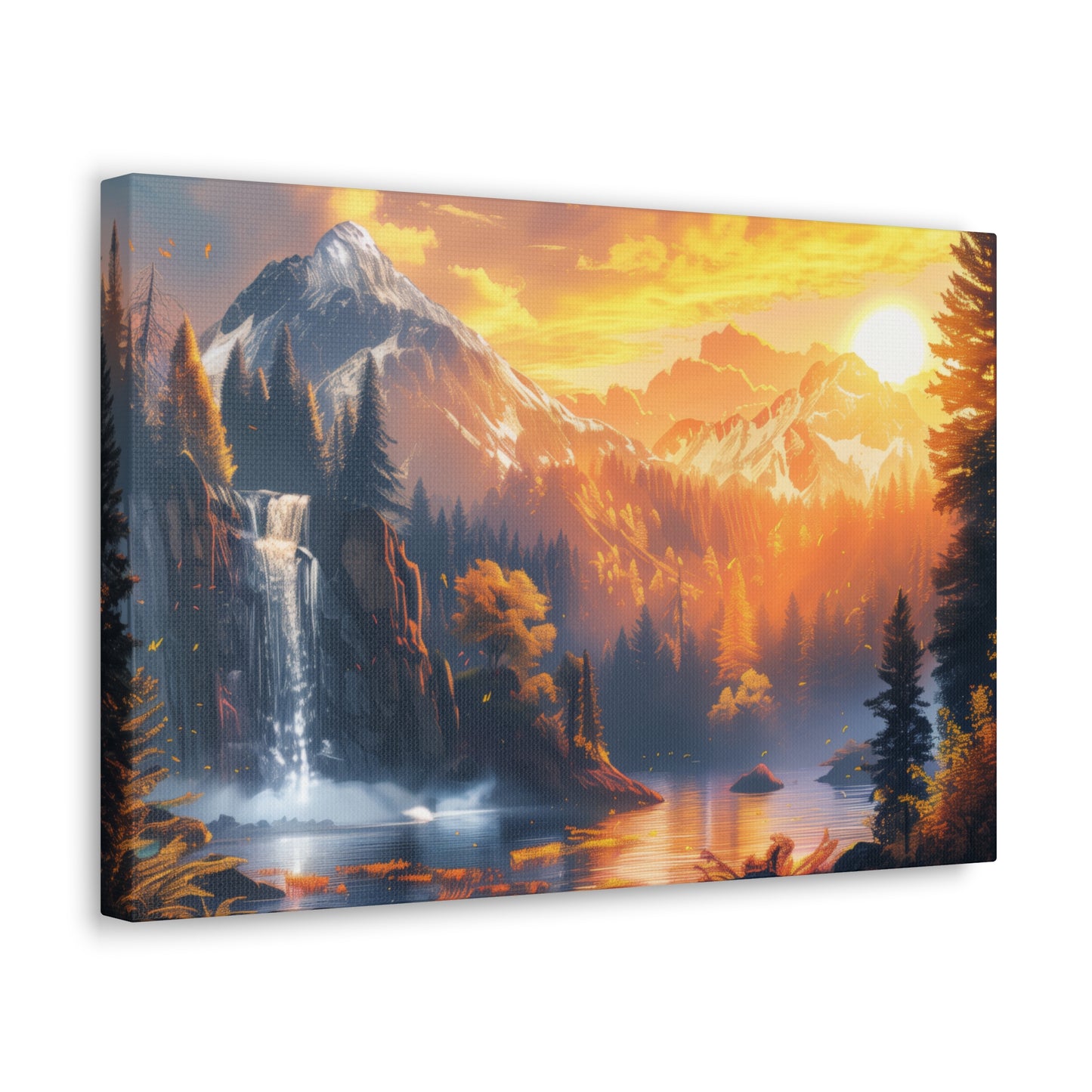 Dreamy Landscape Sunset with Waterfall and Mountains - Digital Illustration Canvas Gallery Wraps